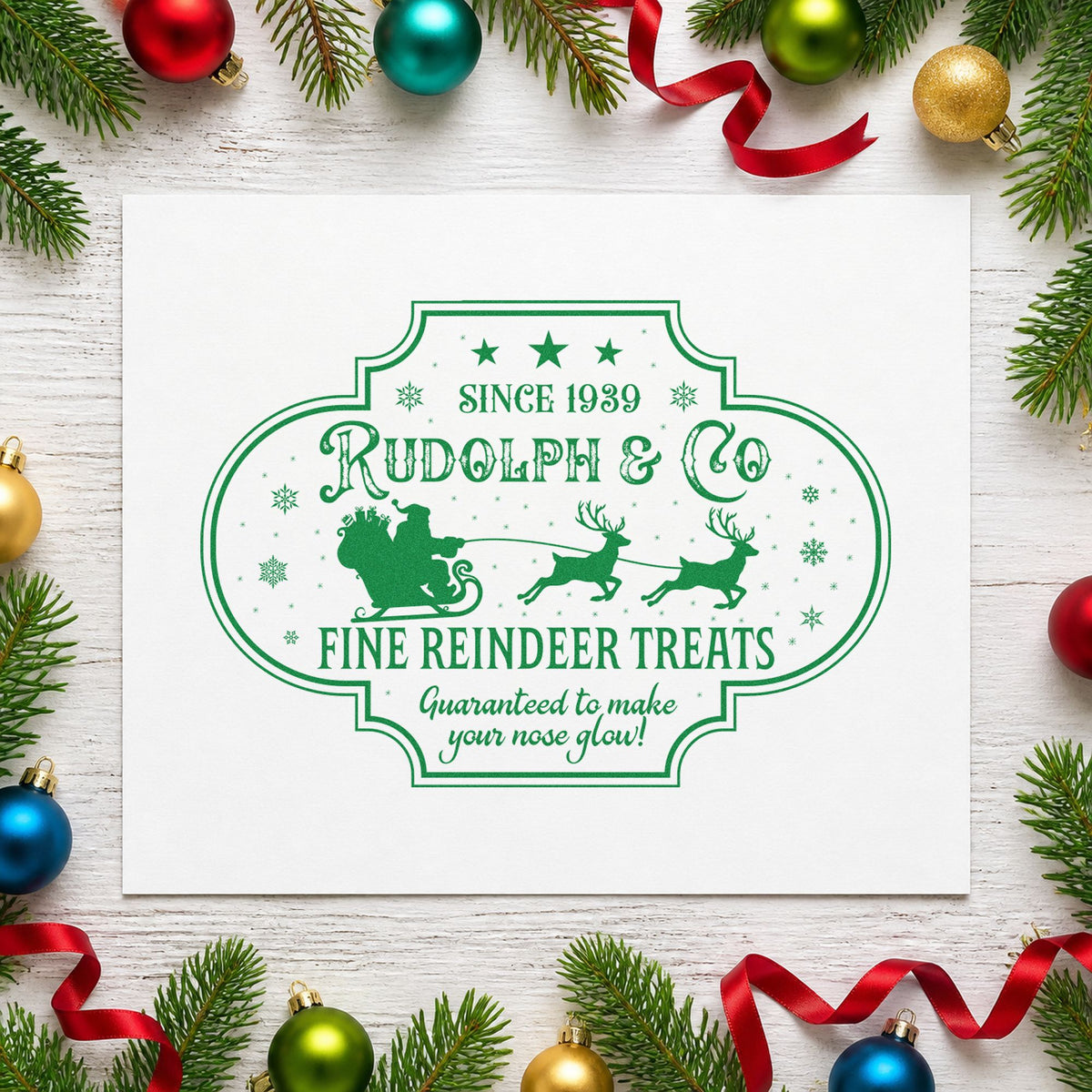 Rudolph Fine Reindeer Treats craft stamp in green ink on cardstock, an easy option for packaging album page.
