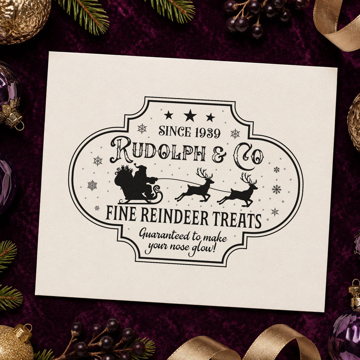 Rudolph Fine Reindeer Treats craft stamp imprint in black ink on a handmade project, one idea being pouch seal tags.