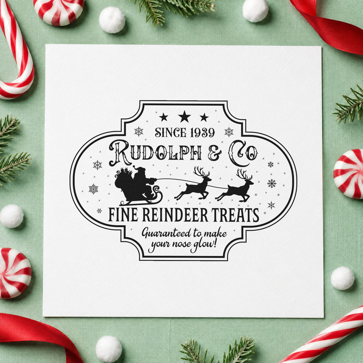 Rudolph Fine Reindeer Treats rubber stamp printed in black ink, ready for batch record sheet and similar paper crafts.