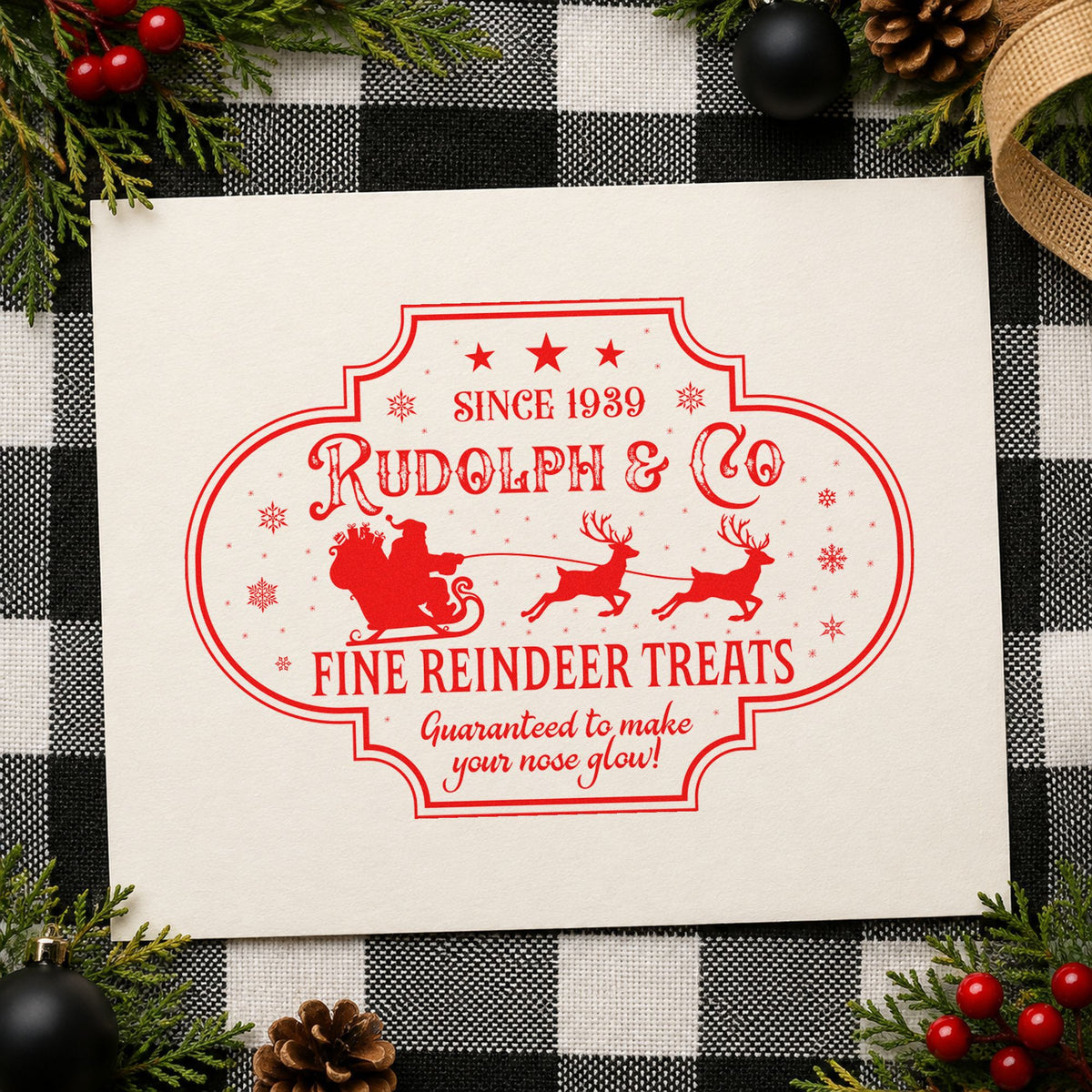 Rudolph Fine Reindeer Treats craft stamp in red ink on cardstock, an easy option for feed bag printing.