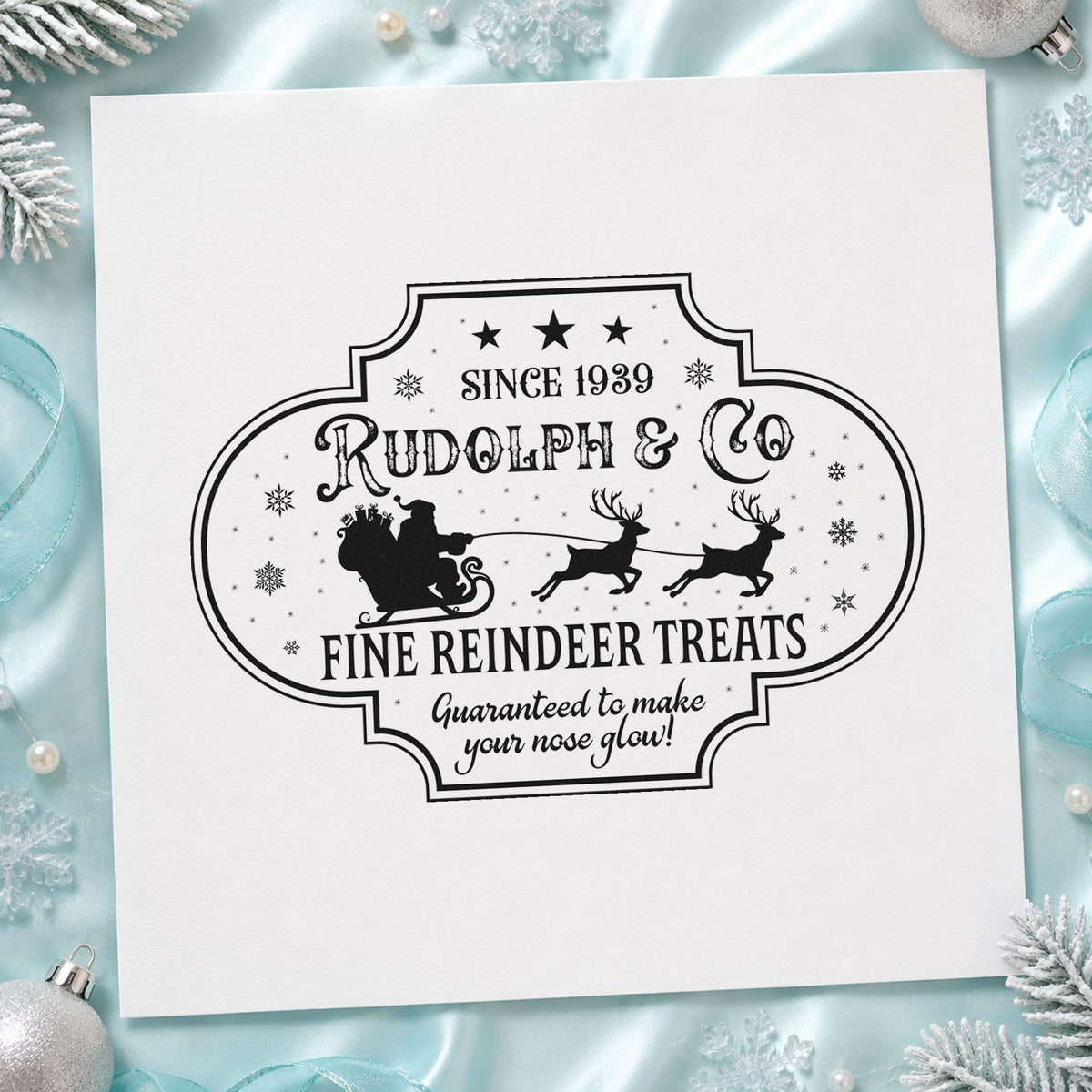 Rudolph Fine Reindeer Treats rubber stamp printed in black ink, ready for treats label cards and similar paper crafts.