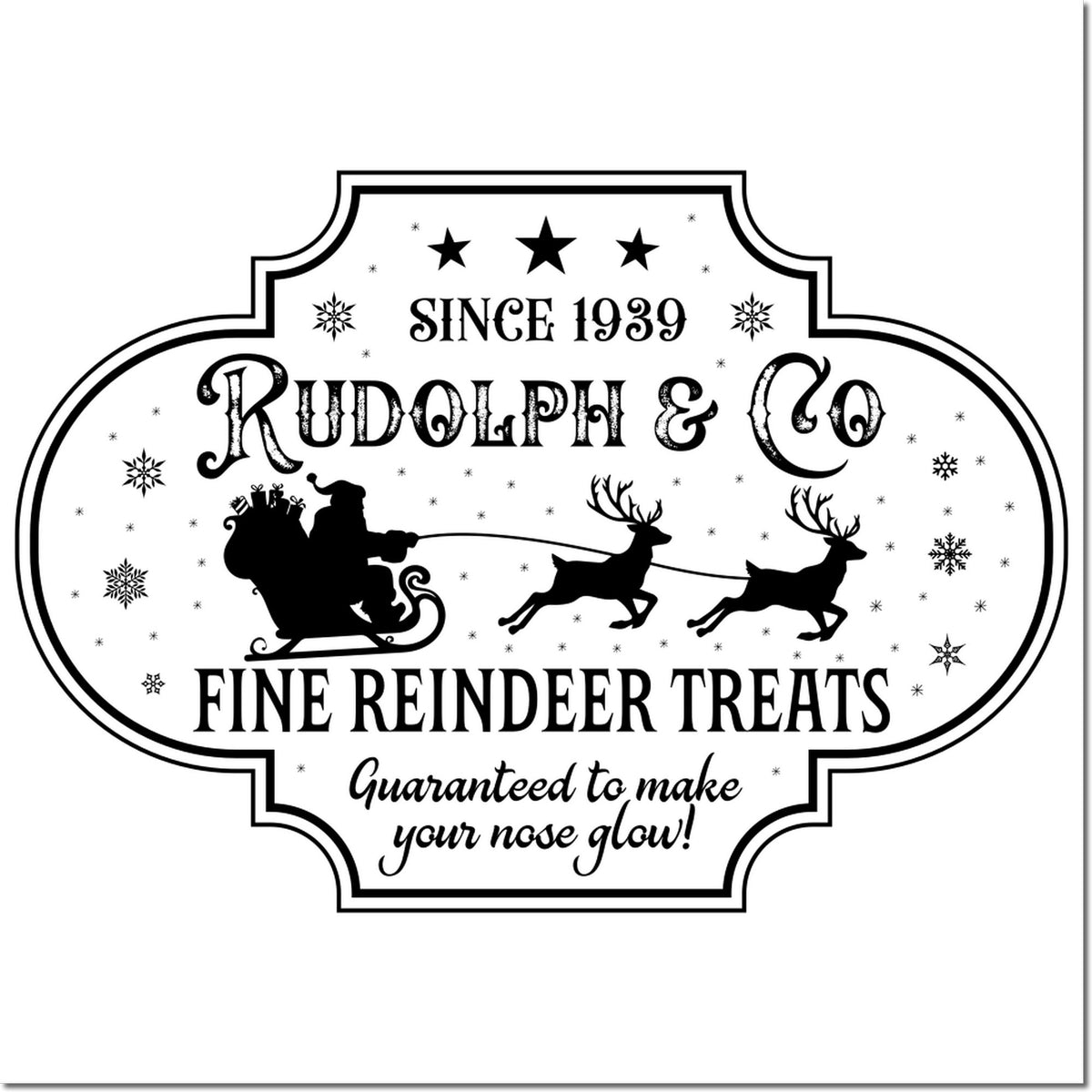 Black-and-white decorative stamp seal for Rudolph & Co, with Santa sleigh, reindeer, snowflakes, and festive text.