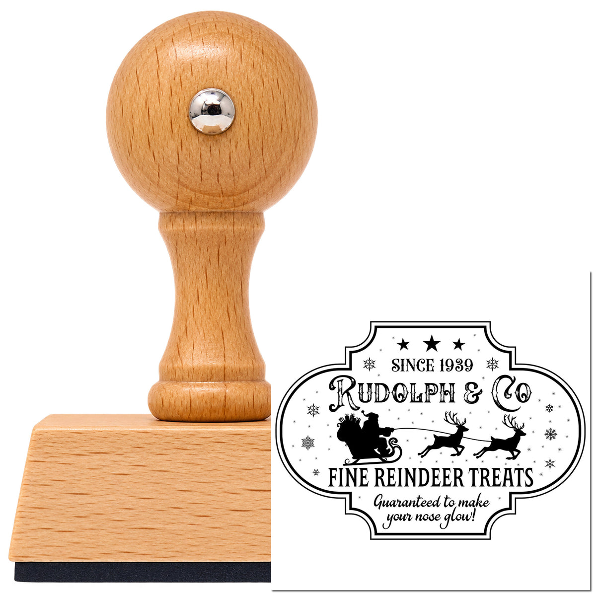 Vintage Pro beech wood stamp with a round knob handle, shown with its black Rudolph Fine Reindeer Treats imprint on white.