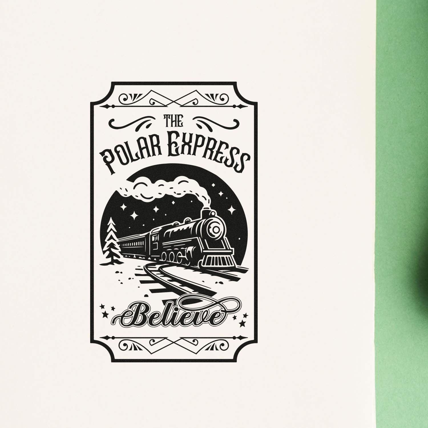 Black vintage Polar Express Believe stamp seal with steam train, stars and ornate border on white background.