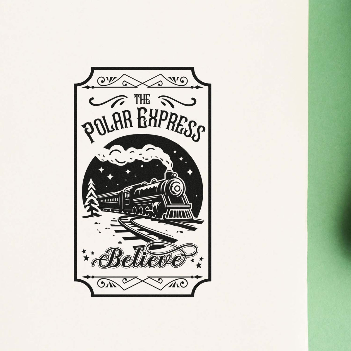 Black vintage Polar Express Believe stamp seal with steam train, stars, and cream paper background.