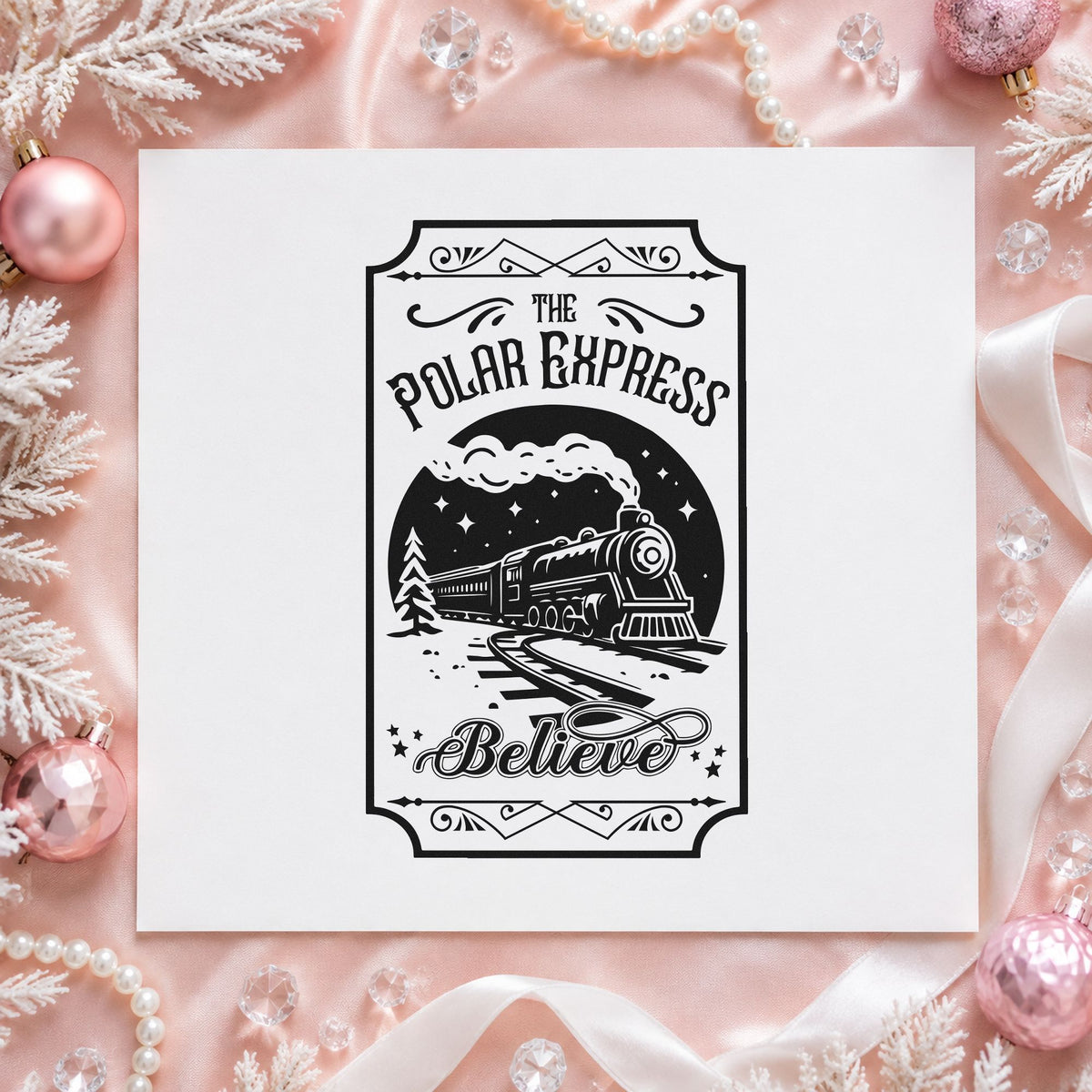 Polar Express Believe Train rubber stamp printed in black ink, ready for route stop sheet and similar paper crafts.