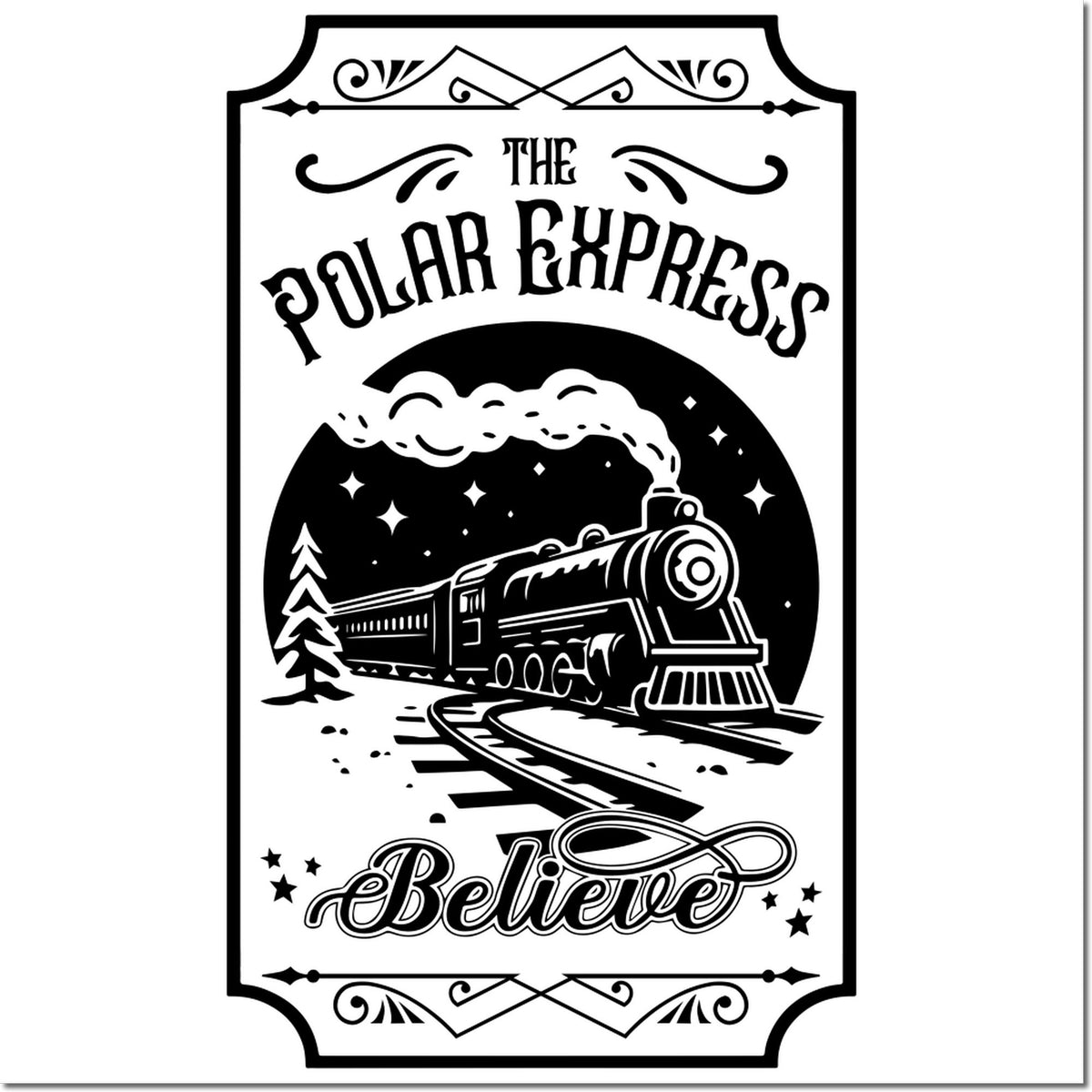 Black-and-white Polar Express Believe stamp and seal design with steam train, stars, and decorative border.