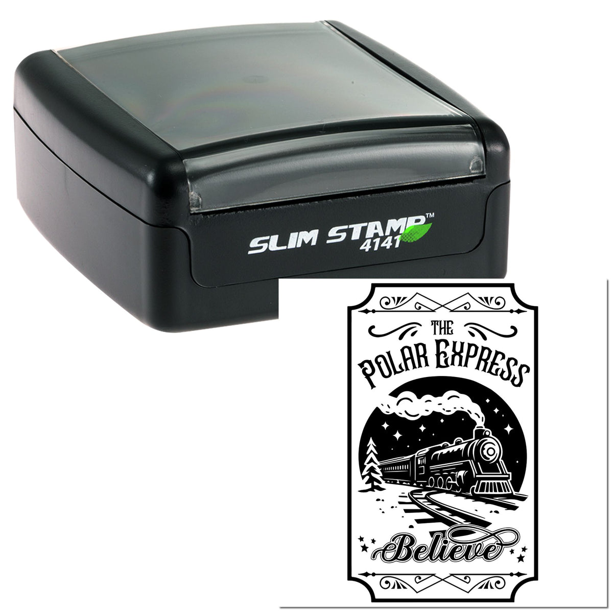 Black Slim Stamp 4141 self-inking stamp with transparent gray lid and a black-and-white Polar Express Believe seal design.