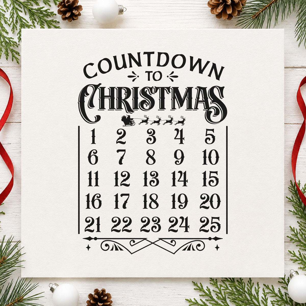 Countdown To Christmas Calendar craft stamp imprint in black ink on a handmade project, one idea being day number tags.
