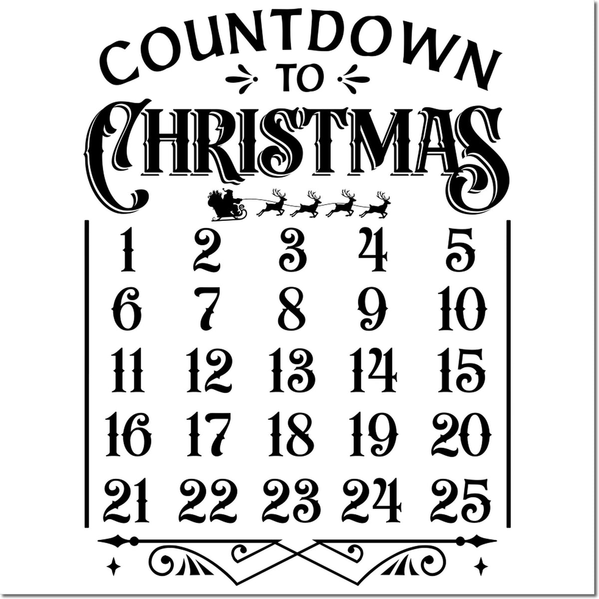 Black decorative countdown to Christmas stamp and seal with ornate numbers 1-25 and Santa sleigh silhouette on white background