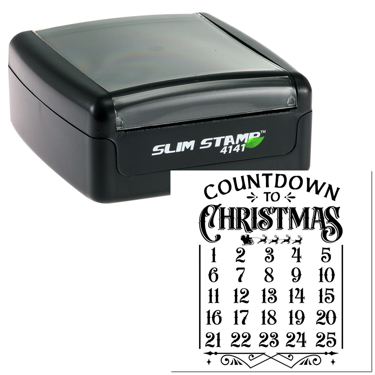 Black Slim Stamp 4141 self-inking stamp with white Countdown to Christmas seal and numbered holiday calendar 125