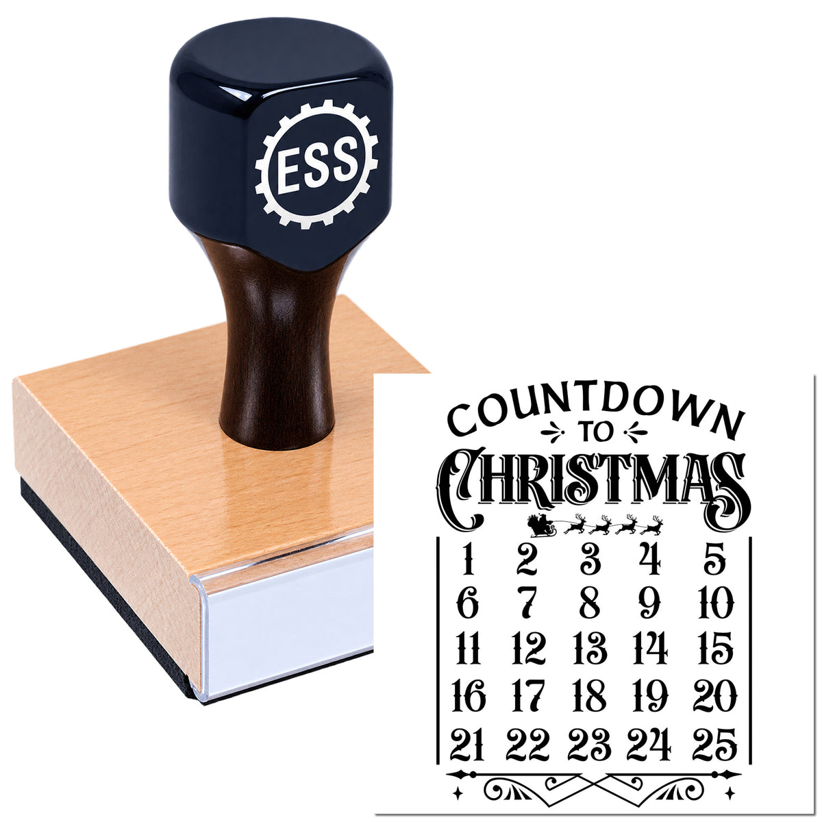 Black ESS stamp and seal on tan block, with a Christmas countdown calendar imprint in black.