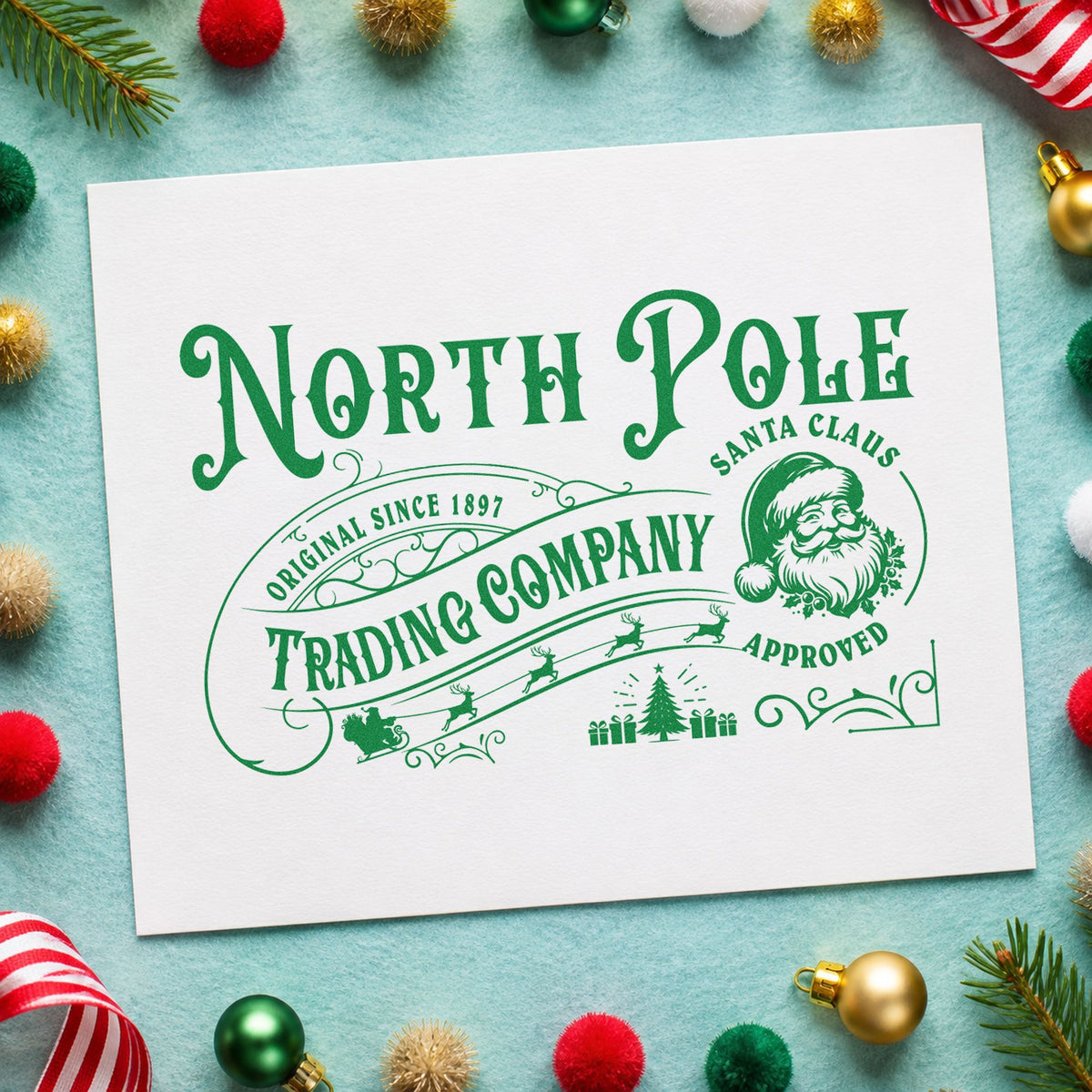 North Pole Trading Santa Approved craft stamp in green ink on cardstock, an easy option for approval album page.