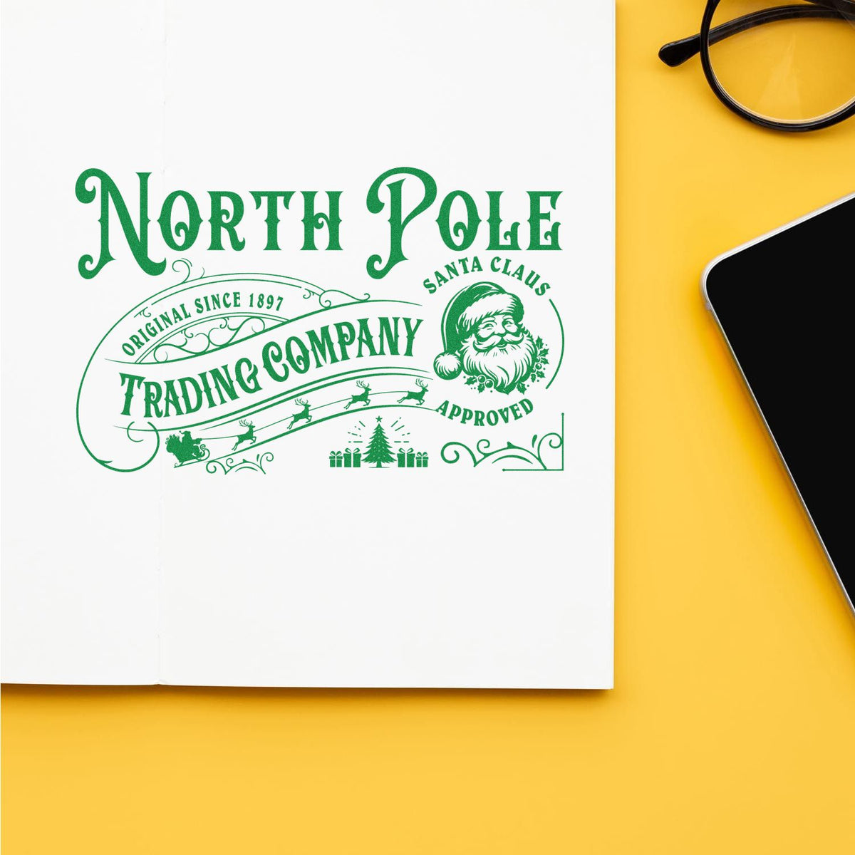 Green North Pole Santa Claus approved trading company stamp and seal on white paper, with yellow background and magnifying glass.