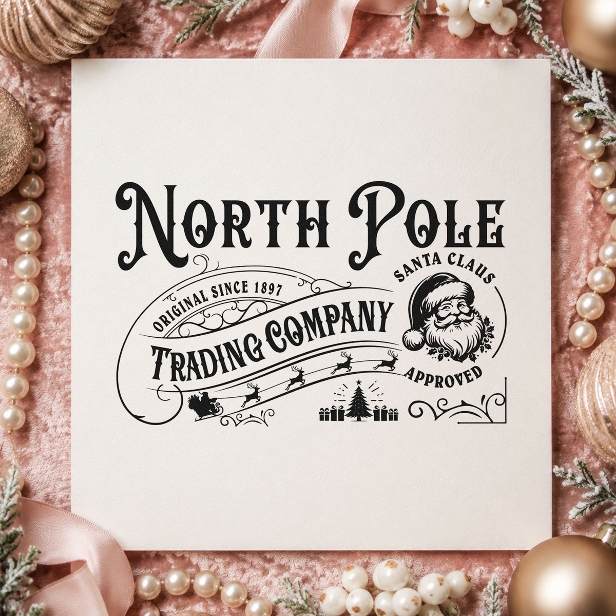 North Pole Trading Santa Approved craft stamp imprint in black ink on a handmade project, one idea being verified gift tags.