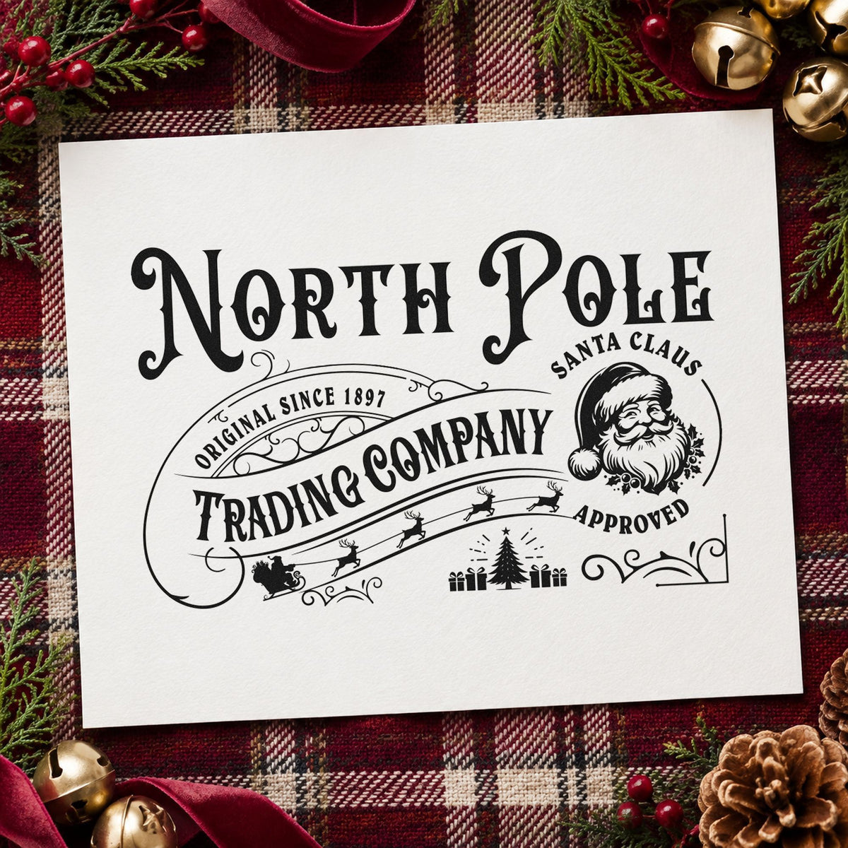 North Pole Trading Santa Approved rubber stamp printed in black ink, ready for checklist mark sheet and similar paper crafts.