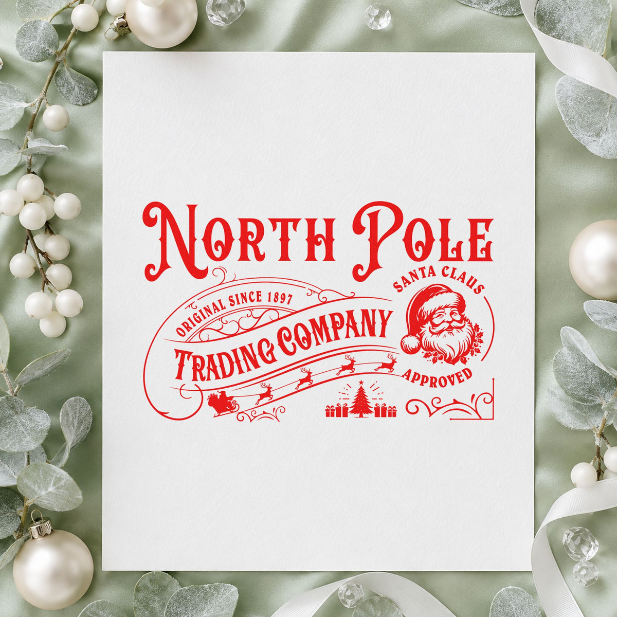 North Pole Trading Santa Approved craft stamp in red ink on cardstock, an easy option for patch seal printing.