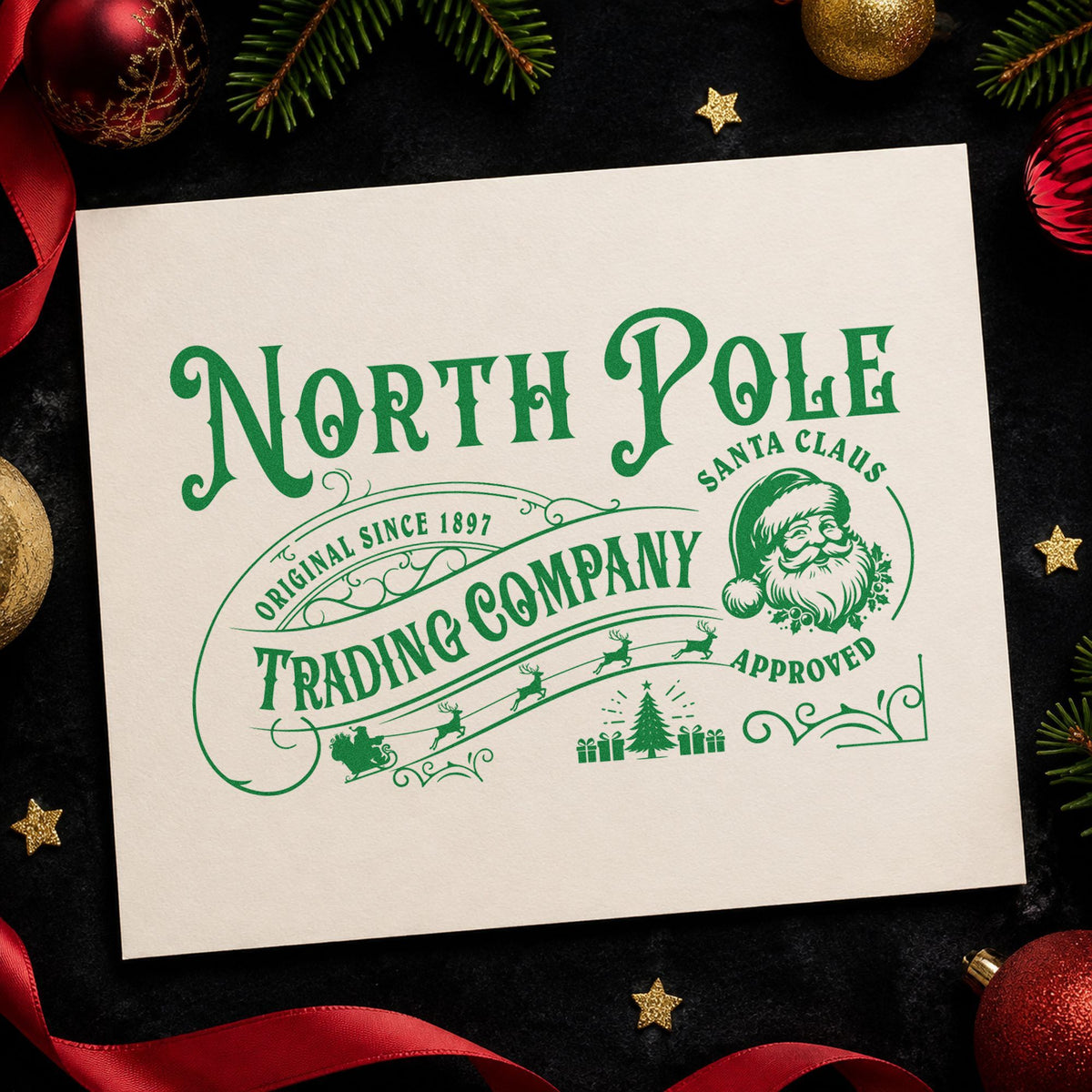 North Pole Trading Santa Approved craft stamp imprinted in green ink on paper, a design suited to framed office plaque.