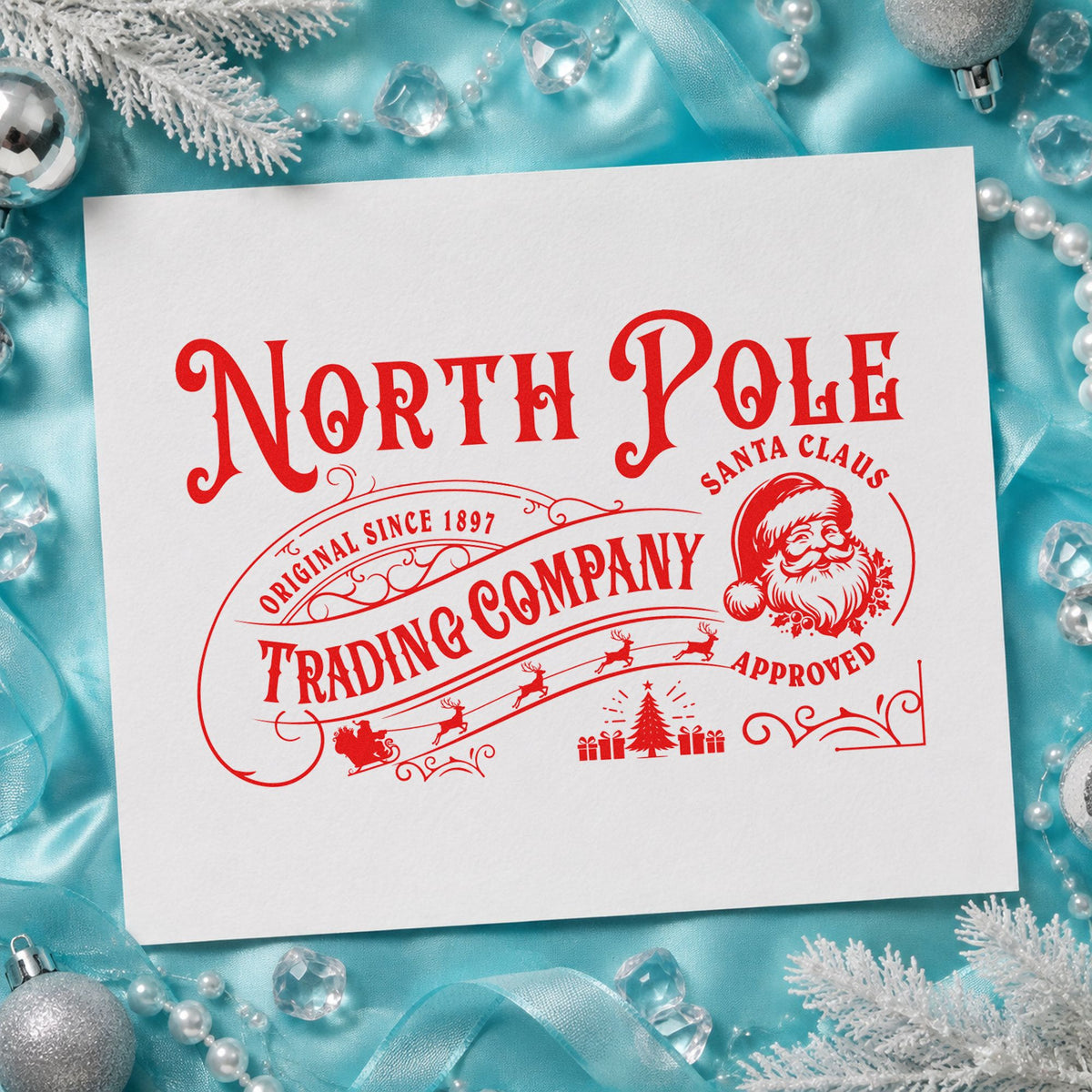 North Pole Trading Santa Approved rubber stamp shown in red ink, stamped for projects such as inspected bin labels.