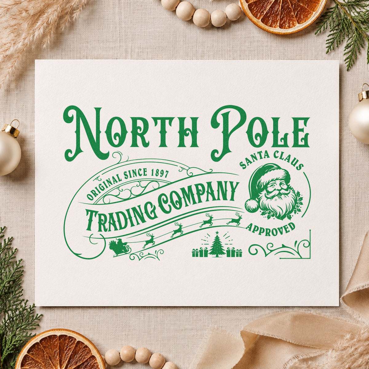 North Pole Trading Santa Approved craft stamp imprint in green ink on a handmade project, one idea being quality slip cards.