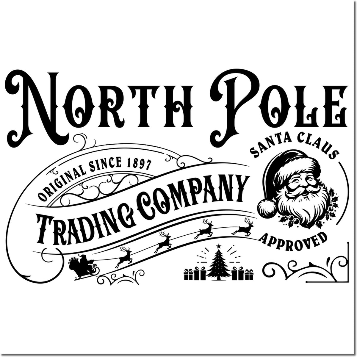 Black-and-white decorative stamp seal for North Pole Trading Company with Santa, reindeer, sleigh, tree and gifts.