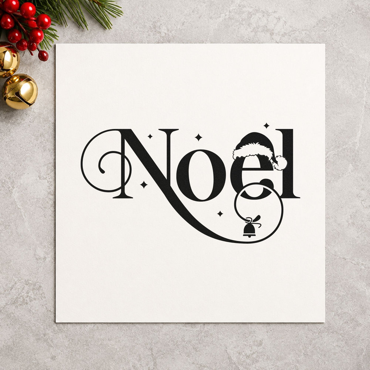 Noel Santa Hat Bell rubber stamp printed in black ink, ready for craft count sheet and similar paper crafts.