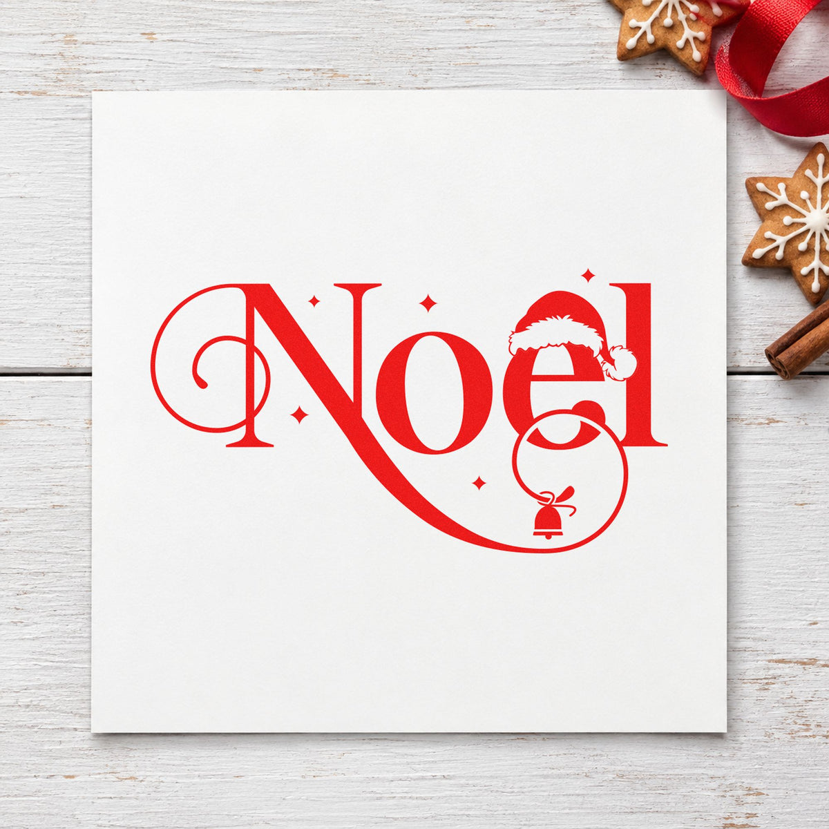 Noel Santa Hat Bell rubber stamp shown in red ink, stamped for projects such as bead tray labels.