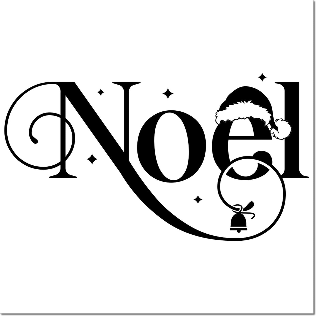 Black Noel holiday stamp and seal design with Santa hat, bell ornament, and festive sparkles on white background
