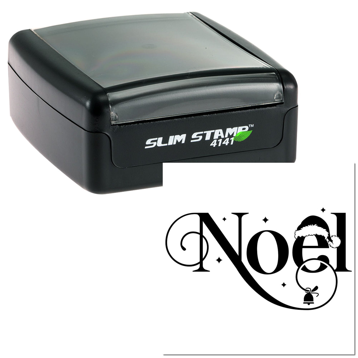 Black Slim Stamp 4141 self-inking stamp with festive Noel seal design in black on a white background.