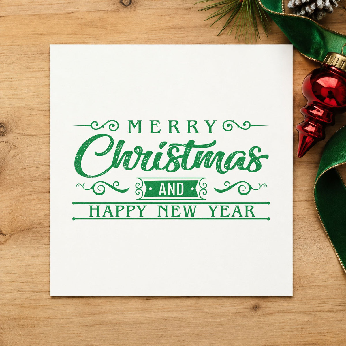 Merry Christmas Happy New Year craft stamp in green ink on cardstock, an easy option for both weeks album.