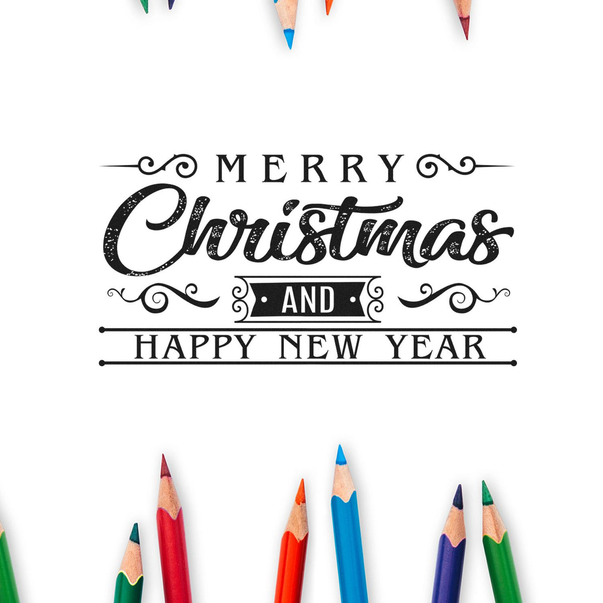 Black Merry Christmas and Happy New Year stamp seal with decorative swirls, framed by colorful pencil tips on white.