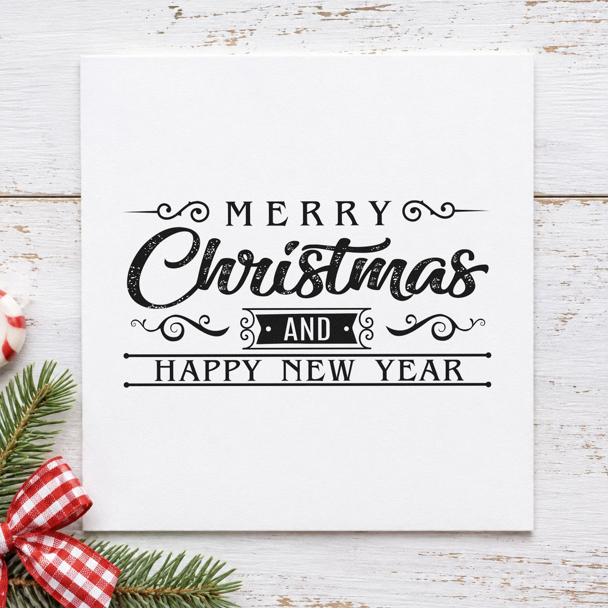 Merry Christmas Happy New Year rubber stamp printed in black ink, ready for two week plan sheet and similar paper crafts.