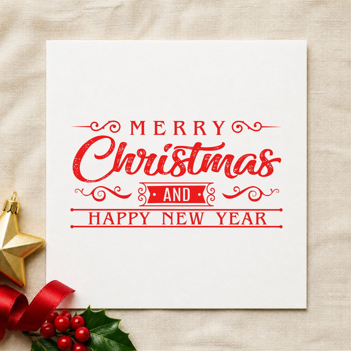 Merry Christmas Happy New Year craft stamp in red ink on cardstock, an easy option for runner rule printing.