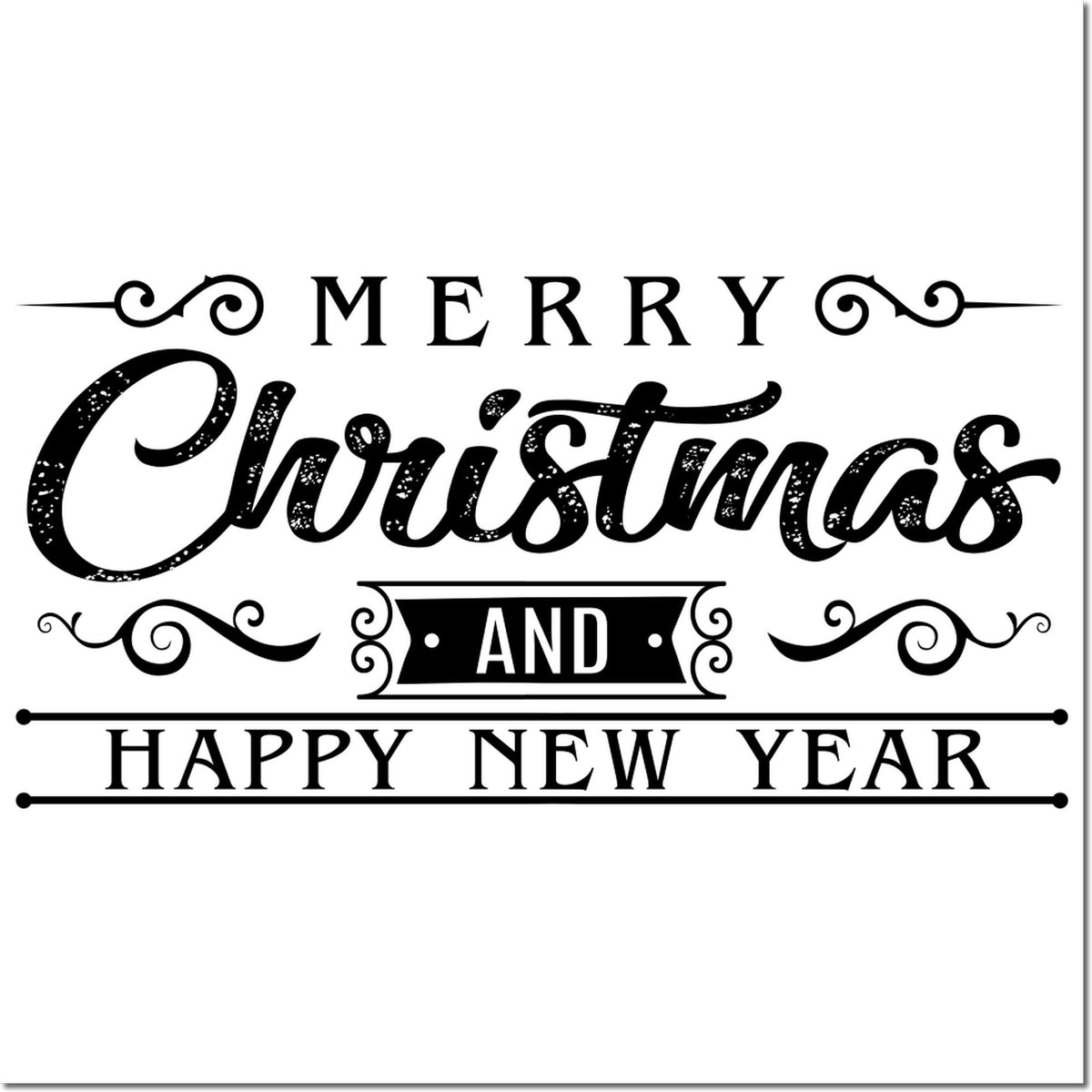 Black decorative holiday stamp and seal reading Merry Christmas and Happy New Year with ornate flourishes on white.