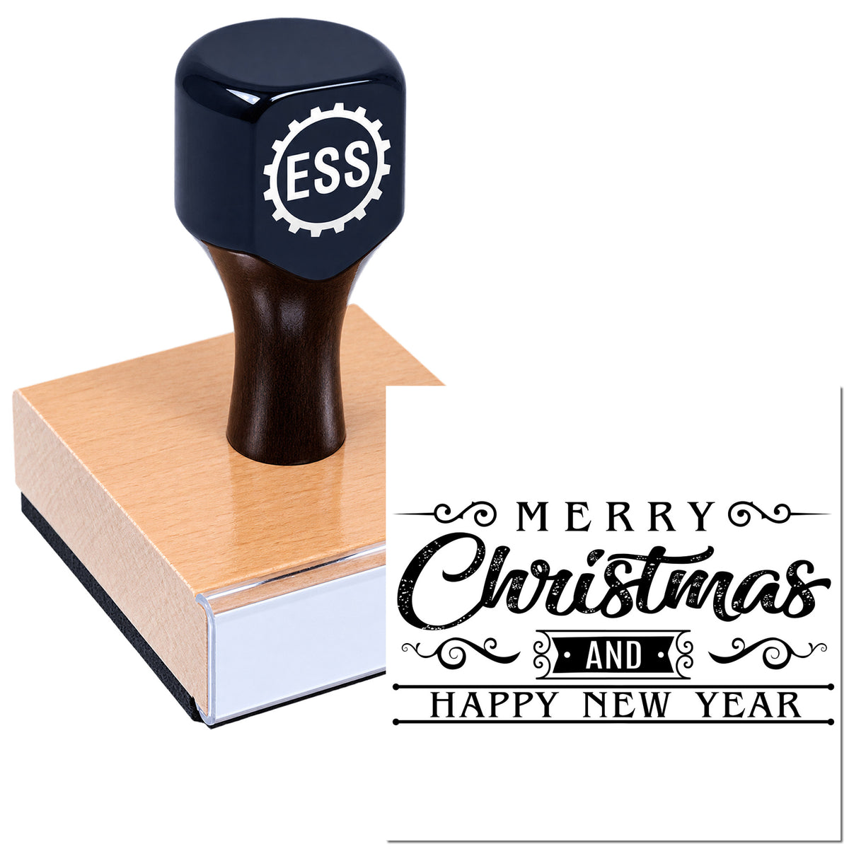 Black ESS stamp on a wood-mounted seal, with a decorative black Merry Christmas and Happy New Year imprint.