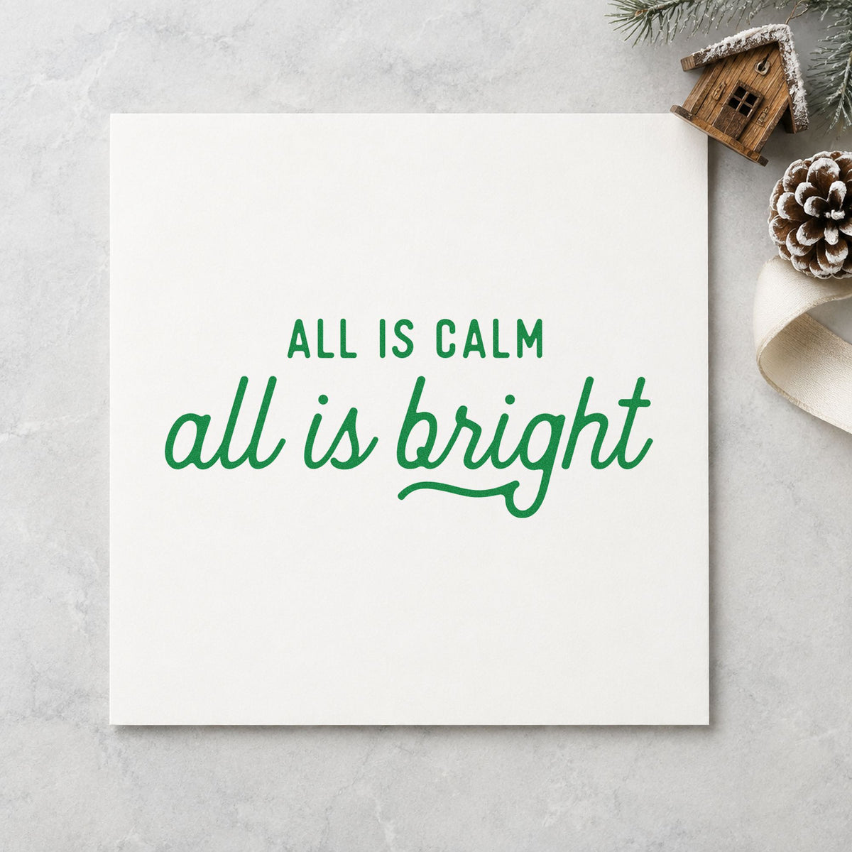 All Calm All Bright Script craft stamp in green ink on cardstock, an easy option for still night album.