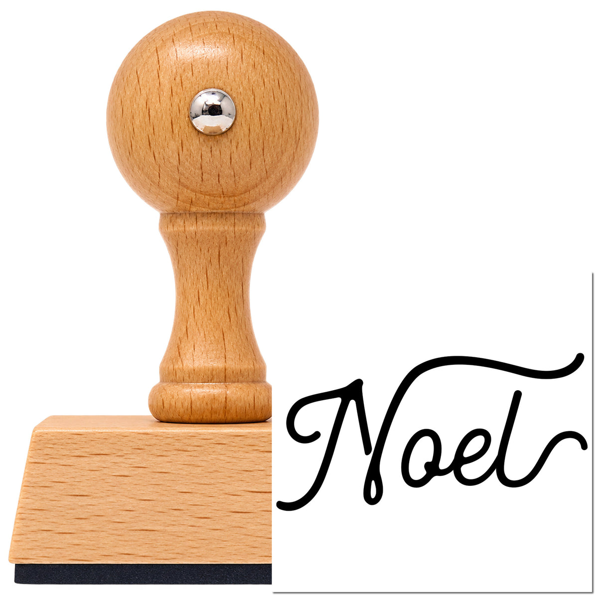 Vintage Pro beech wood stamp with a round knob handle, shown with its black Noel Flowing Script Lettering imprint on white.