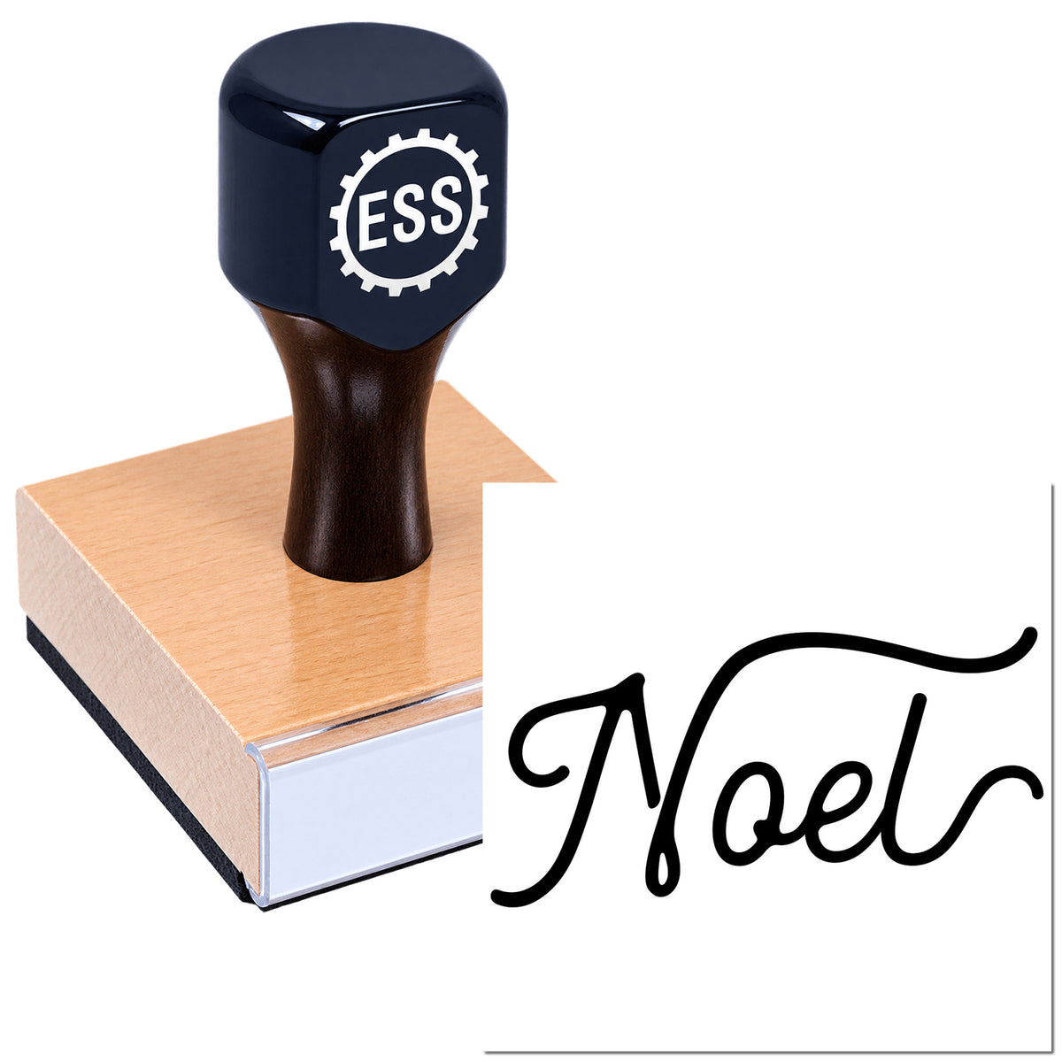 Dark navy ESS self-inking stamp and seal on a pink wooden base with black signature text on white background.