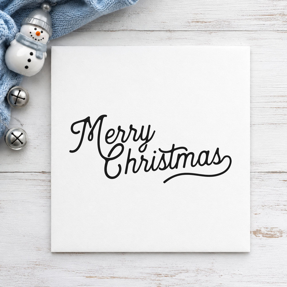 Merry Christmas Script Greeting rubber stamp printed in black ink, ready for drill repeat sheet and similar paper crafts.