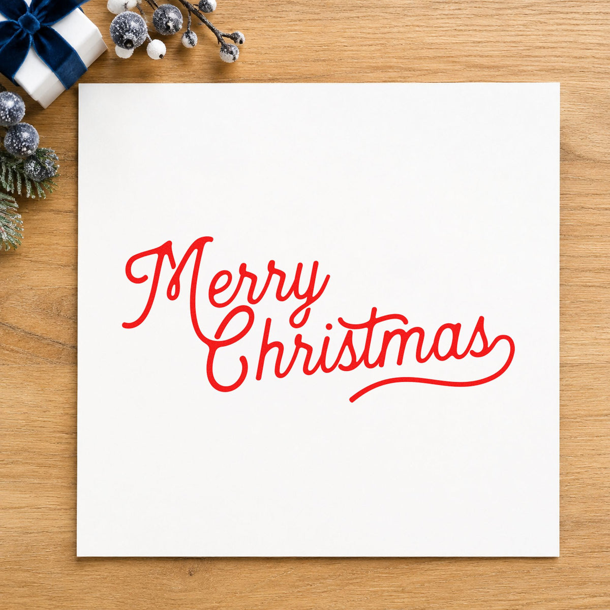 Merry Christmas Script Greeting rubber stamp shown in red ink, stamped for projects such as nib case labels.