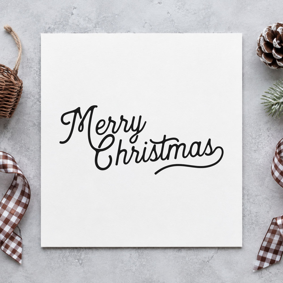 Merry Christmas Script Greeting rubber stamp printed in black ink, ready for connected script cards and similar paper crafts.