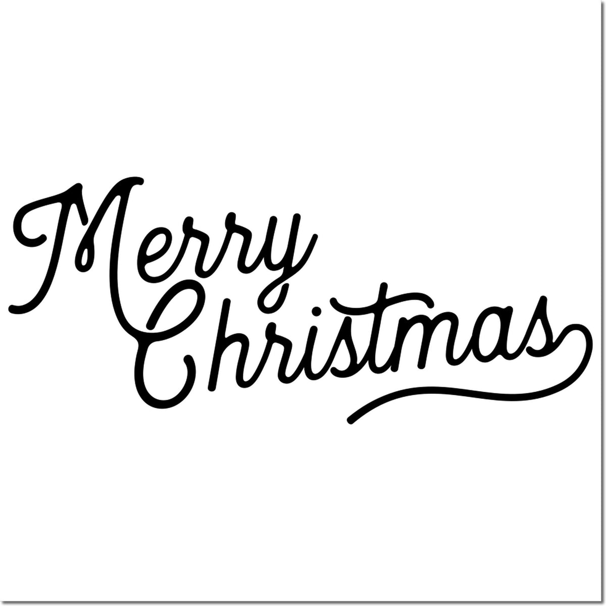 Black cursive Merry Christmas stamp/seal design on white background with flowing decorative script.