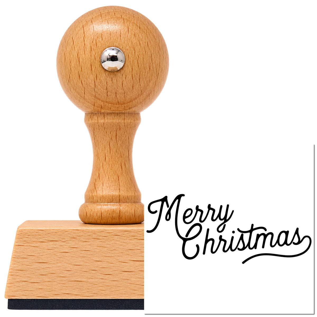 Vintage Pro beech wood stamp with a round knob handle, shown with its black Connected Christmas Script Greeting imprint on white.