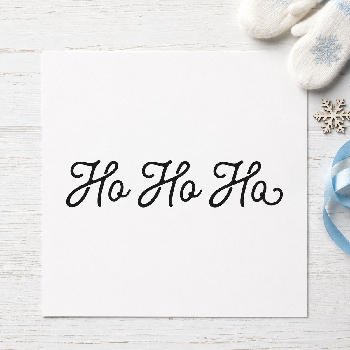 Ho Ho Ho Script rubber stamp printed in black ink, ready for one line cards and similar paper crafts.