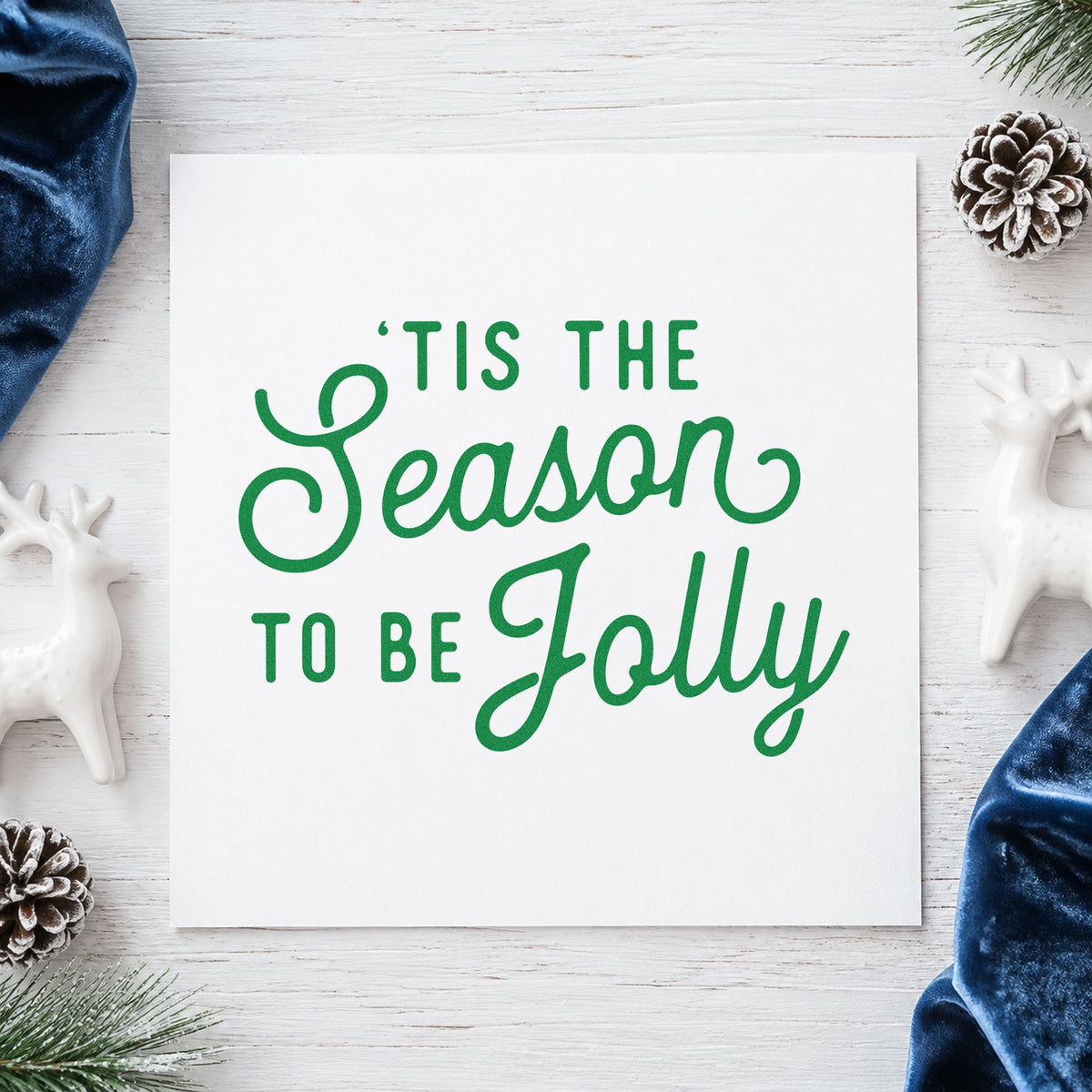 Tis The Season Jolly Script craft stamp imprint in green ink on a handmade project, one idea being open house cards.
