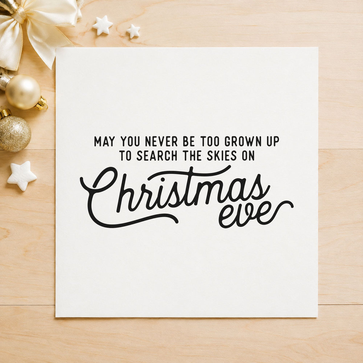 Never Grown Up Christmas Eve rubber stamp printed in black ink, ready for night watch sheet and similar paper crafts.