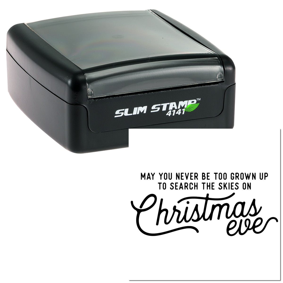 Black Slim Stamp self-inking seal with clear cover and Christmas Eve text imprint on white background