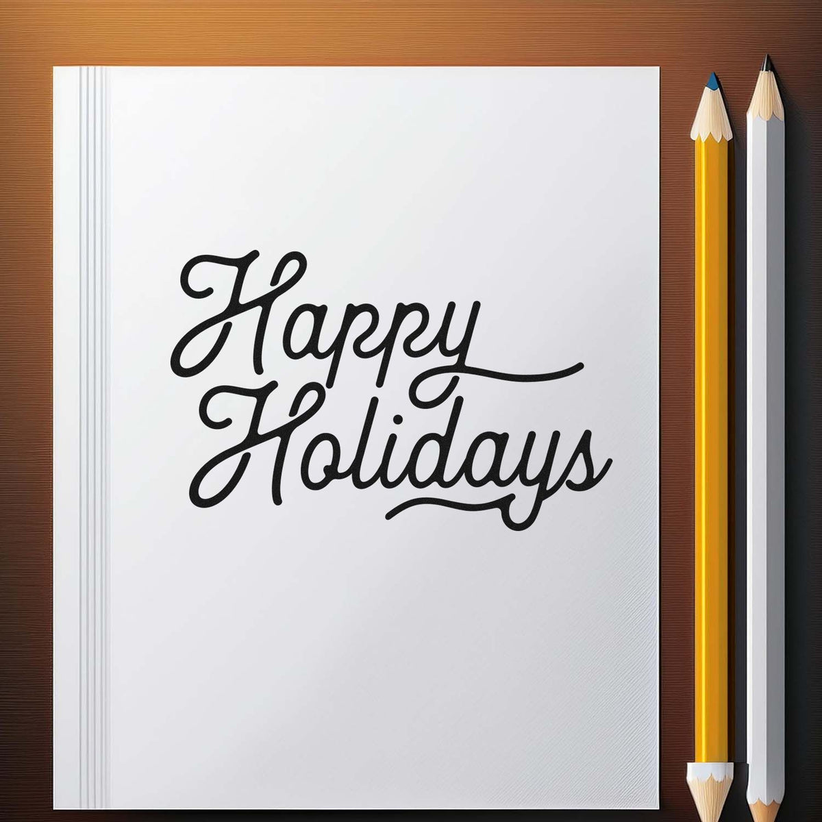 Happy Holidays black script rubber stamp and seal design on a white notebook, with yellow and white pencils on a brown wood desk.