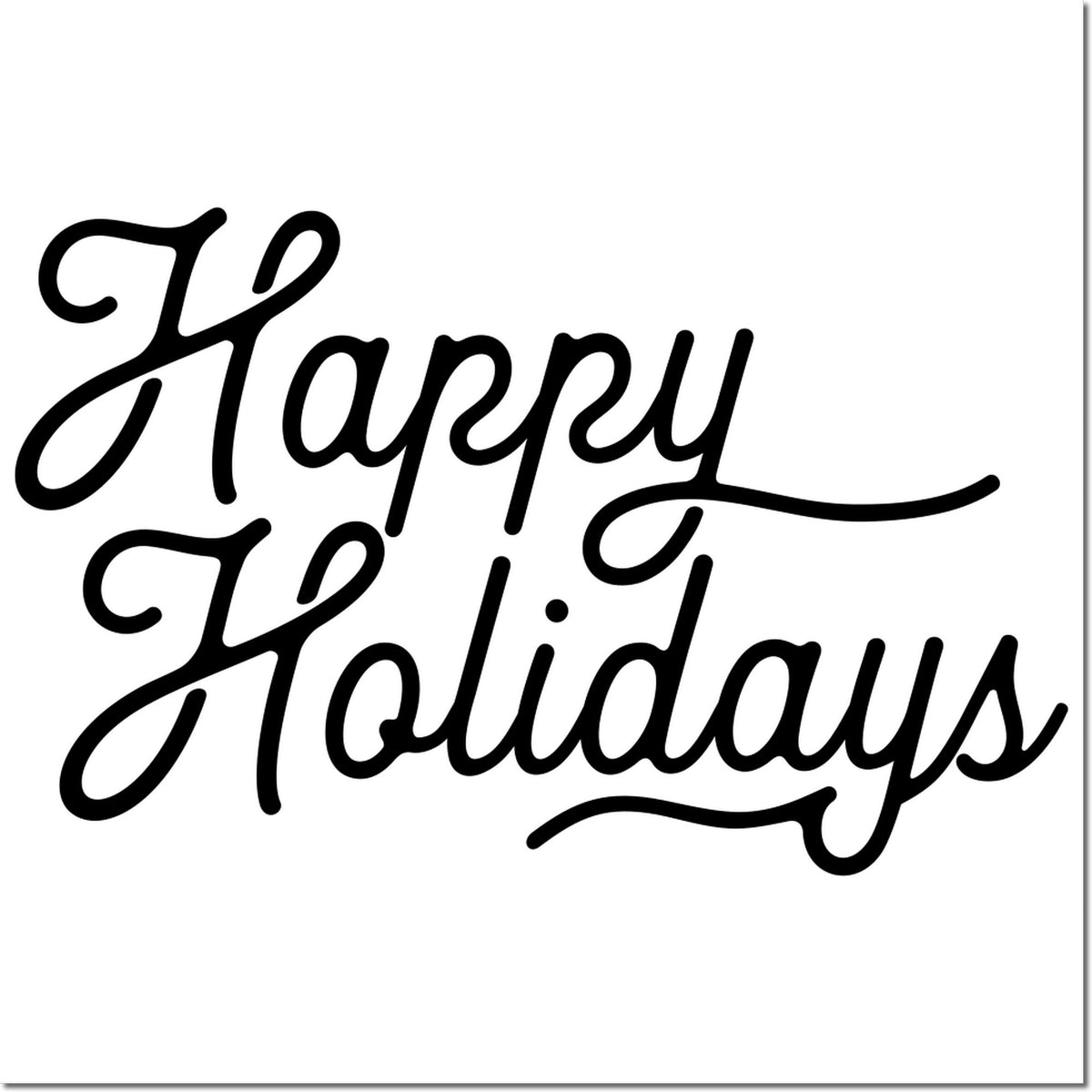 Black cursive Happy Holidays stamp design in black on a white background, ideal for holiday seals and greeting cards.