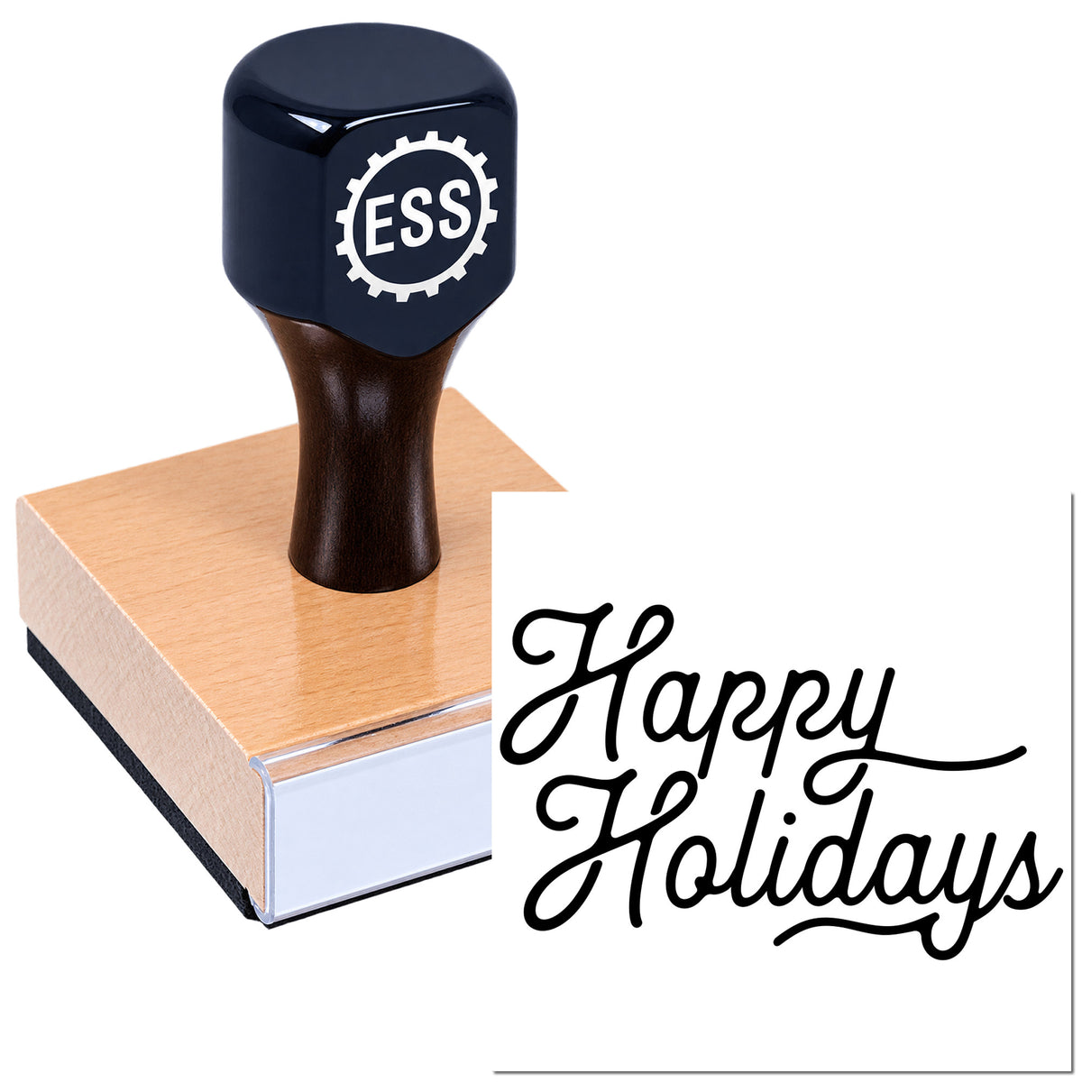 Black custom stamp with ESS logo on a copper seal base, featuring a "Happy Holidays" script impression.